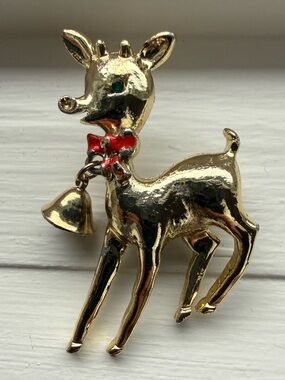 Vintage Gold-tone Rudolph the Reindeer Brooch with Red Bow and Bell